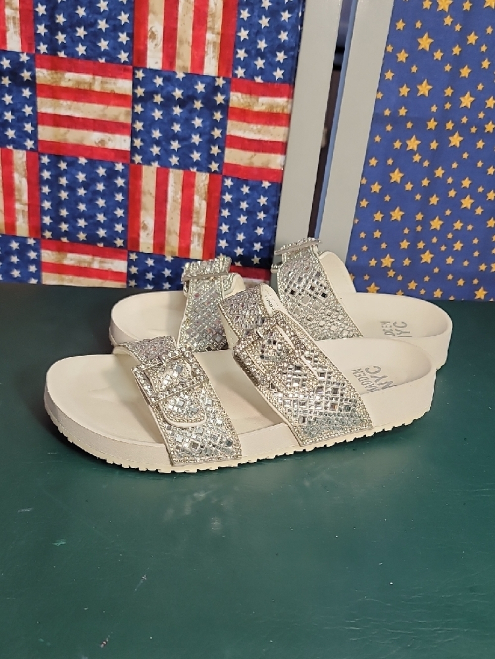 **Girls' Silver Sparkle Dual-Buckle Slide Sandals** - Picture 2 of 7